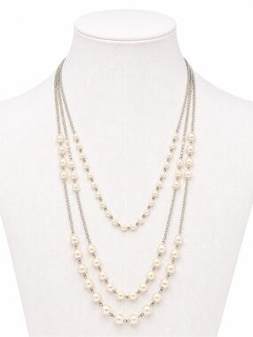 Layered Pearl and Silver Chain Necklace - Cream‎